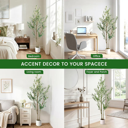 Artificial Fake Olive Tree 4FT Tall 1Pack with White Planter Faux Silk Olive Tree for Home Living Room Office Decor Faux Artificial Plants Indoor with Fruit & Free Moss