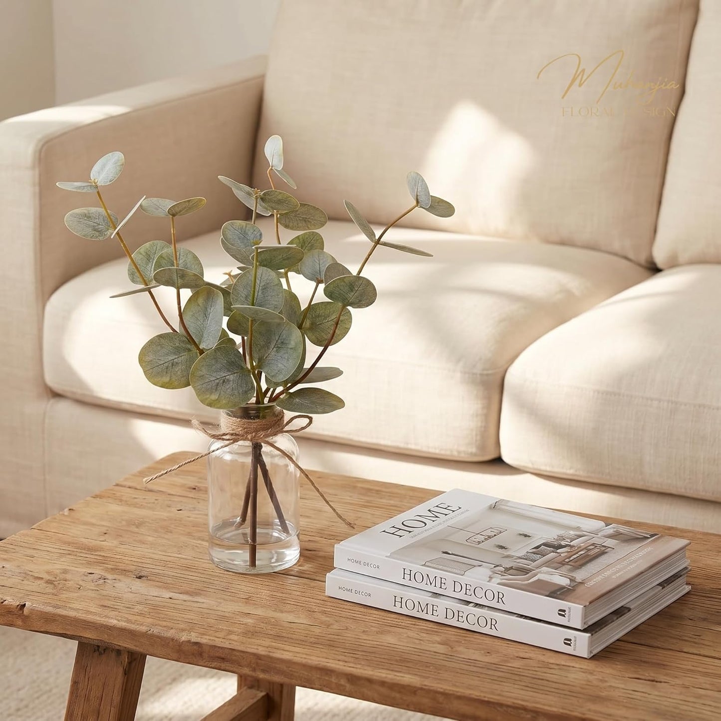 Artificial Eucalyptus Stems in Glass Vase with Faux Water,3Pcs Fake Plant with Double-Sided Green Leaves for Centerpiece(Double-Sided Green Eucalyptus)