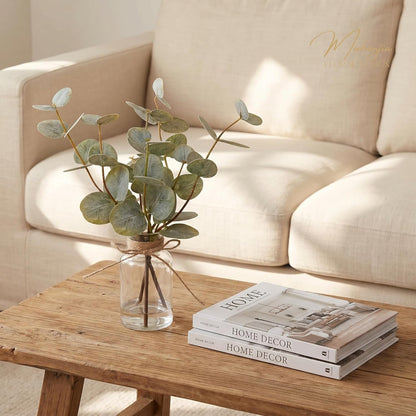Artificial Eucalyptus Stems in Glass Vase with Faux Water,3Pcs Fake Plant with Double-Sided Green Leaves for Centerpiece(Double-Sided Green Eucalyptus)