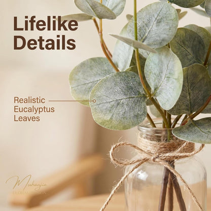 Artificial Eucalyptus Stems in Glass Vase with Faux Water,3Pcs Fake Plant with Double-Sided Green Leaves for Centerpiece(Double-Sided Green Eucalyptus)