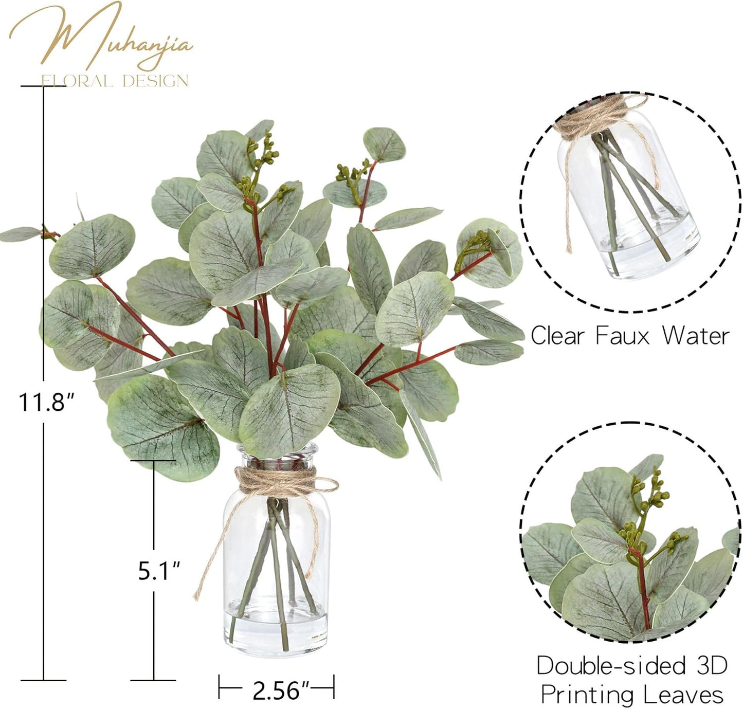 Artificial Eucalyptus Stems in Glass Vase with Faux Water,3Pcs Fake Plant with Double-Sided Green Leaves for Centerpiece(Double-Sided Green Eucalyptus)