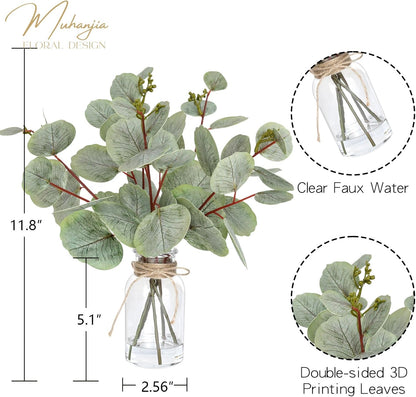 Artificial Eucalyptus Stems in Glass Vase with Faux Water,3Pcs Fake Plant with Double-Sided Green Leaves for Centerpiece(Double-Sided Green Eucalyptus)
