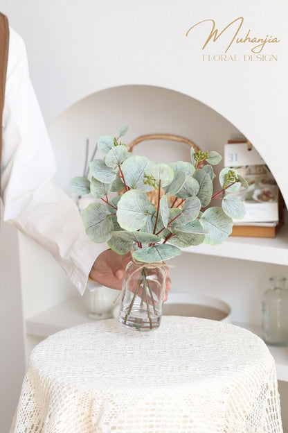 Artificial Eucalyptus Stems in Glass Vase with Faux Water,3Pcs Fake Plant with Double-Sided Green Leaves for Centerpiece(Double-Sided Green Eucalyptus)