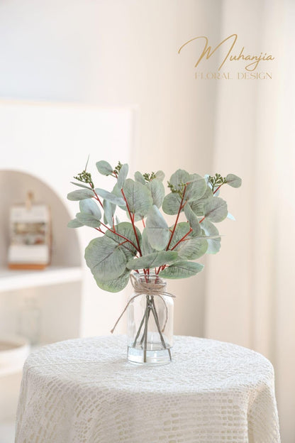 Artificial Eucalyptus Stems in Glass Vase with Faux Water,3Pcs Fake Plant with Double-Sided Green Leaves for Centerpiece(Double-Sided Green Eucalyptus)