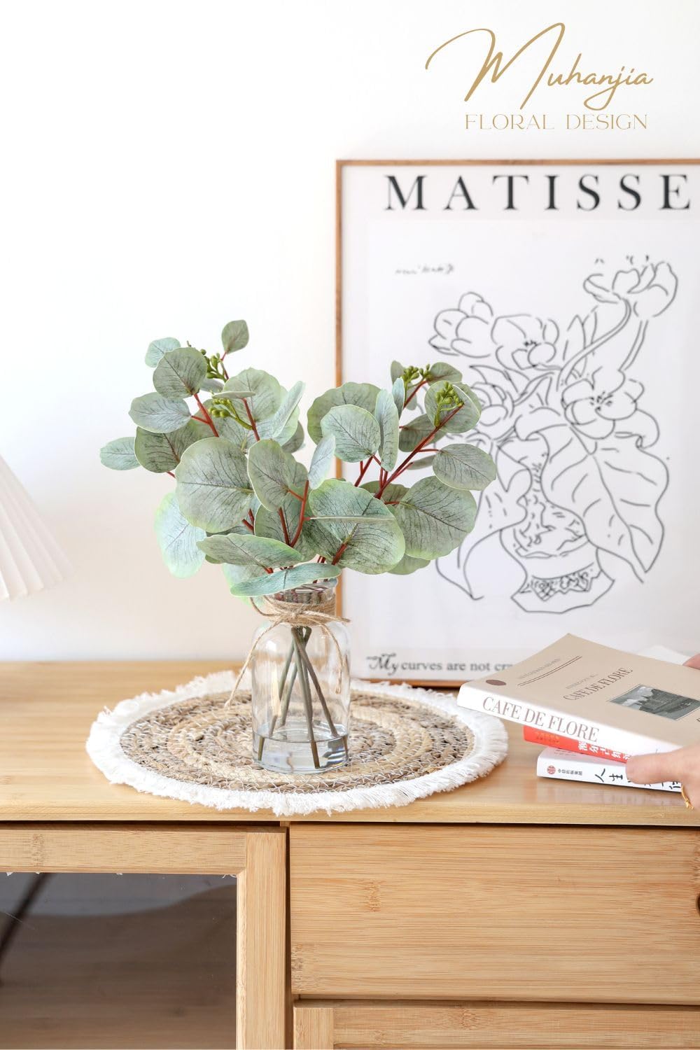 Artificial Eucalyptus Stems in Glass Vase with Faux Water,3Pcs Fake Plant with Double-Sided Green Leaves for Centerpiece(Double-Sided Green Eucalyptus)