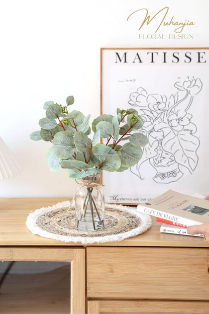 Artificial Eucalyptus Stems in Glass Vase with Faux Water,3Pcs Fake Plant with Double-Sided Green Leaves for Centerpiece(Double-Sided Green Eucalyptus)