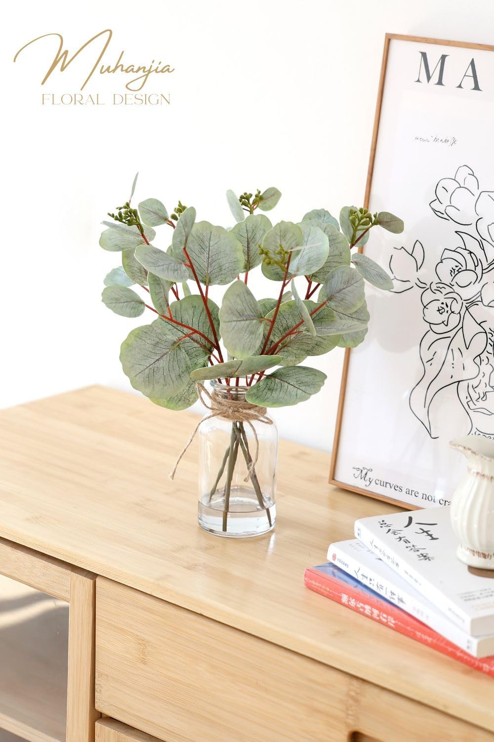 Artificial Eucalyptus Stems in Glass Vase with Faux Water,3Pcs Fake Plant with Double-Sided Green Leaves for Centerpiece(Double-Sided Green Eucalyptus)
