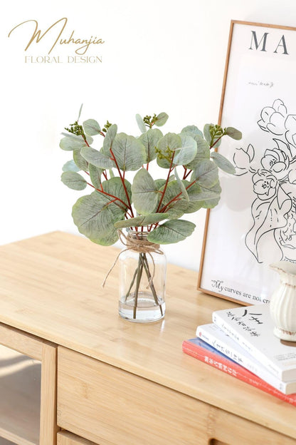 Artificial Eucalyptus Stems in Glass Vase with Faux Water,3Pcs Fake Plant with Double-Sided Green Leaves for Centerpiece(Double-Sided Green Eucalyptus)