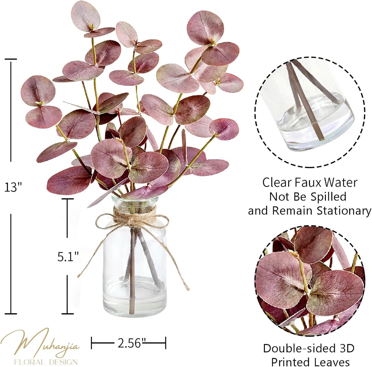 Artificial Eucalyptus Stems in Glass Vase with Faux Water,3Pcs Fake Plant with Double-Sided Green Leaves for Centerpiece(Double-Sided Green Eucalyptus)