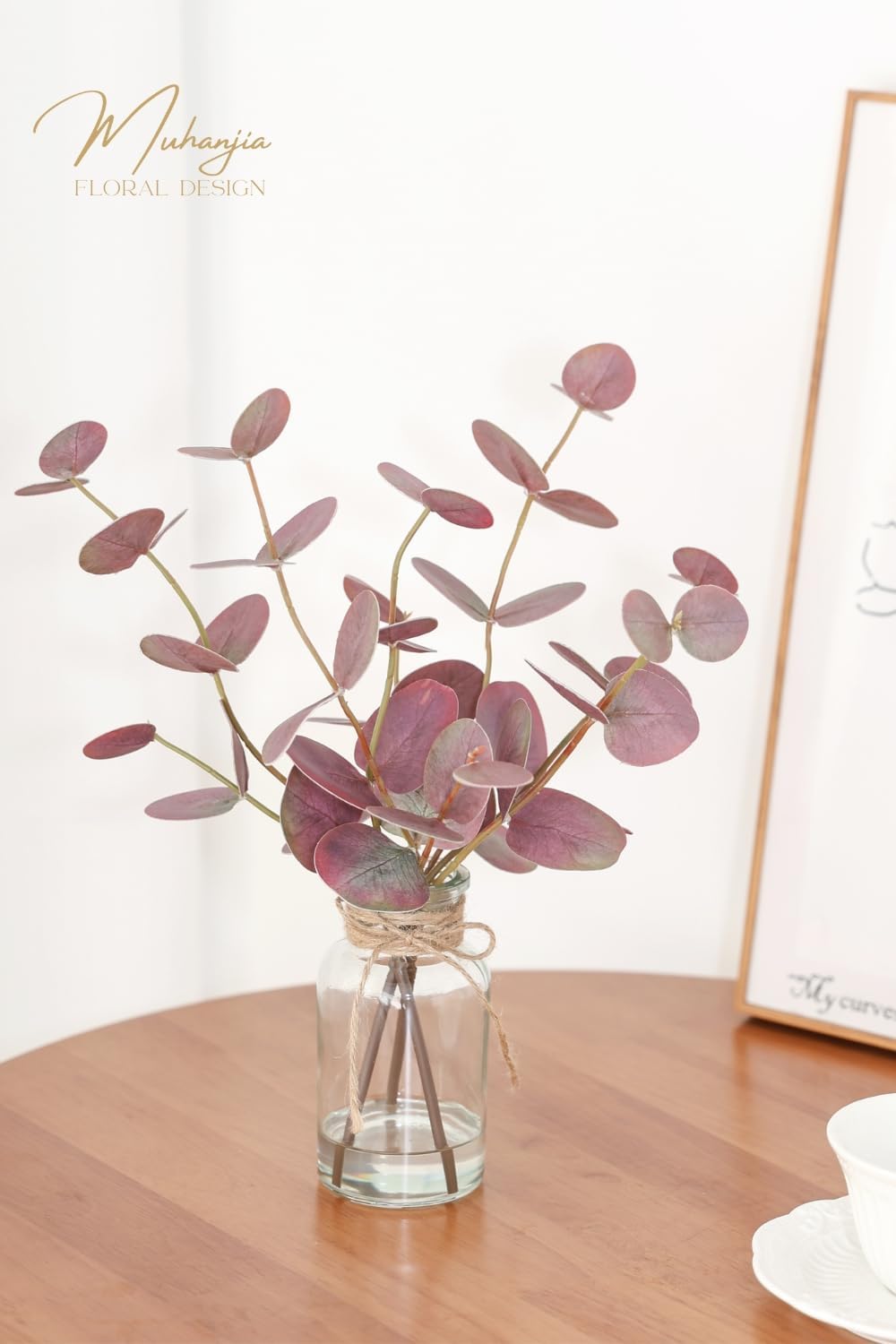 Artificial Eucalyptus Stems in Glass Vase with Faux Water,3Pcs Fake Plant with Double-Sided Green Leaves for Centerpiece(Double-Sided Green Eucalyptus)
