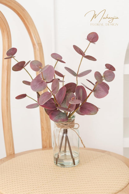 Artificial Eucalyptus Stems in Glass Vase with Faux Water,3Pcs Fake Plant with Double-Sided Green Leaves for Centerpiece(Double-Sided Green Eucalyptus)