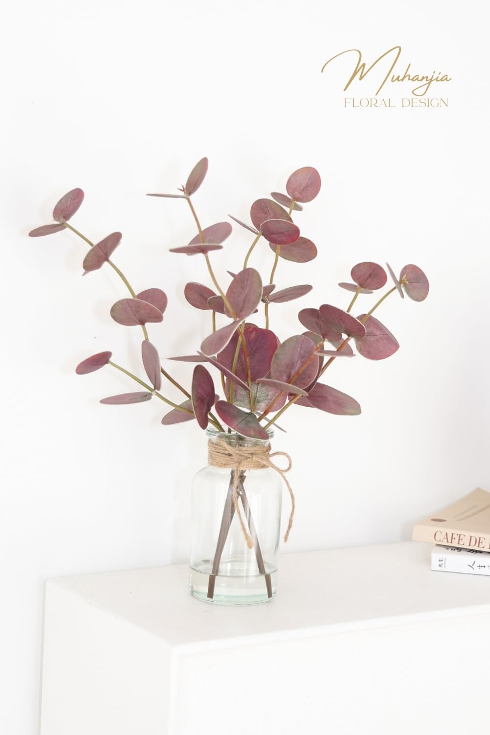 Artificial Eucalyptus Stems in Glass Vase with Faux Water,3Pcs Fake Plant with Double-Sided Green Leaves for Centerpiece(Double-Sided Green Eucalyptus)