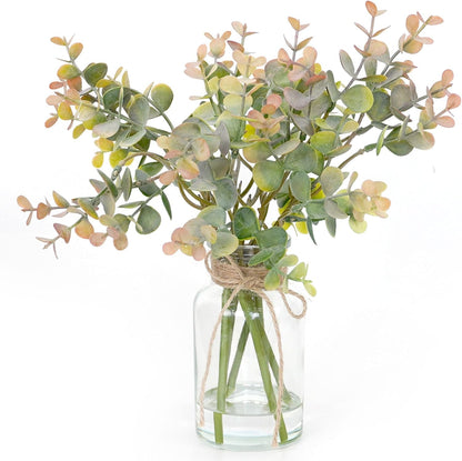 Artificial Eucalyptus Stems in Glass Vase with Faux Water,3Pcs Fake Plant with Double-Sided Green Leaves for Centerpiece(Double-Sided Green Eucalyptus)