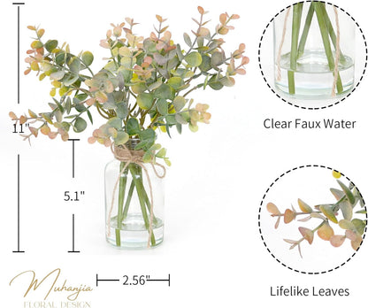 Artificial Eucalyptus Stems in Glass Vase with Faux Water,3Pcs Fake Plant with Double-Sided Green Leaves for Centerpiece(Double-Sided Green Eucalyptus)