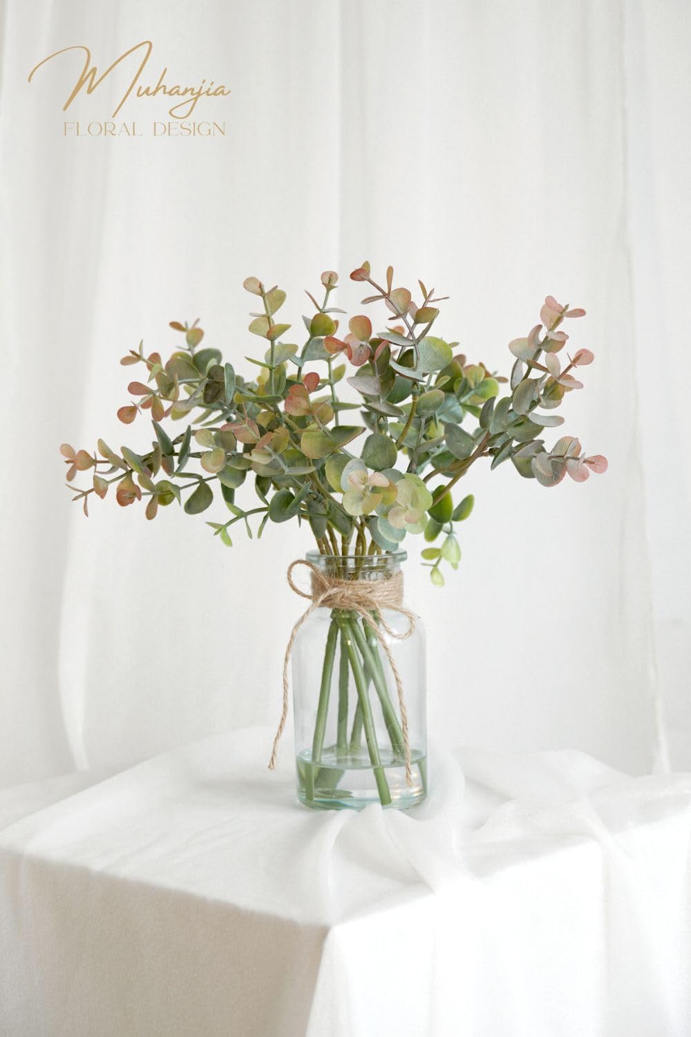 Artificial Eucalyptus Stems in Glass Vase with Faux Water,3Pcs Fake Plant with Double-Sided Green Leaves for Centerpiece(Double-Sided Green Eucalyptus)