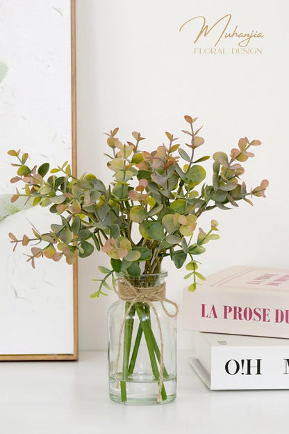 Artificial Eucalyptus Stems in Glass Vase with Faux Water,3Pcs Fake Plant with Double-Sided Green Leaves for Centerpiece(Double-Sided Green Eucalyptus)