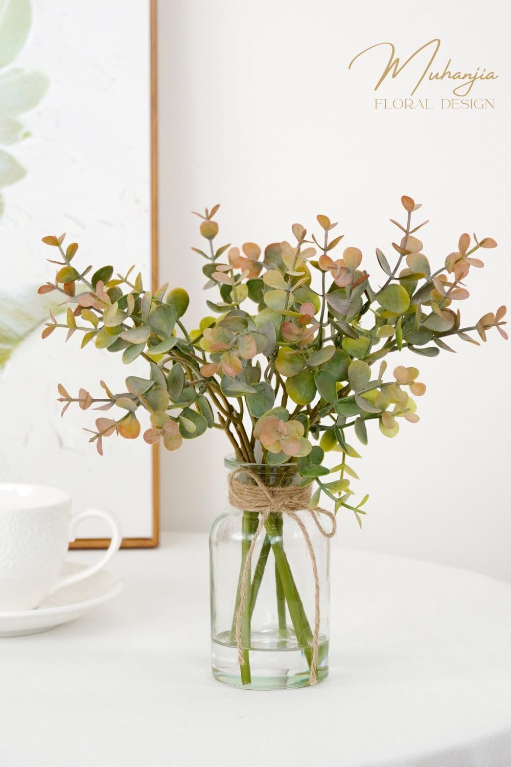 Artificial Eucalyptus Stems in Glass Vase with Faux Water,3Pcs Fake Plant with Double-Sided Green Leaves for Centerpiece(Double-Sided Green Eucalyptus)
