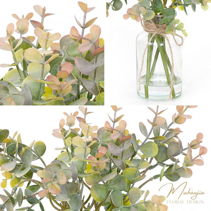 Artificial Eucalyptus Stems in Glass Vase with Faux Water,3Pcs Fake Plant with Double-Sided Green Leaves for Centerpiece(Double-Sided Green Eucalyptus)