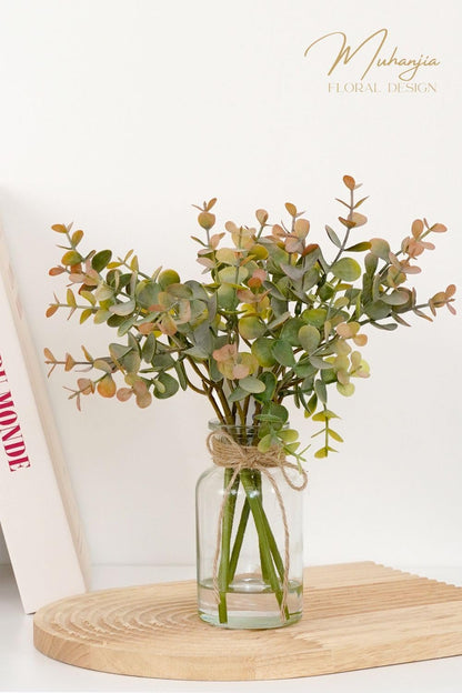 Artificial Eucalyptus Stems in Glass Vase with Faux Water,3Pcs Fake Plant with Double-Sided Green Leaves for Centerpiece(Double-Sided Green Eucalyptus)