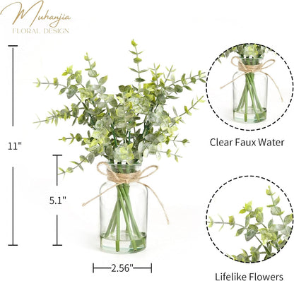 Artificial Eucalyptus Stems in Glass Vase with Faux Water,3Pcs Fake Plant with Double-Sided Green Leaves for Centerpiece(Double-Sided Green Eucalyptus)