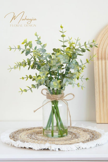 Artificial Eucalyptus Stems in Glass Vase with Faux Water,3Pcs Fake Plant with Double-Sided Green Leaves for Centerpiece(Double-Sided Green Eucalyptus)