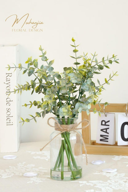 Artificial Eucalyptus Stems in Glass Vase with Faux Water,3Pcs Fake Plant with Double-Sided Green Leaves for Centerpiece(Double-Sided Green Eucalyptus)