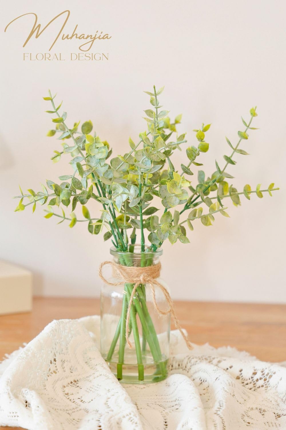 Artificial Eucalyptus Stems in Glass Vase with Faux Water,3Pcs Fake Plant with Double-Sided Green Leaves for Centerpiece(Double-Sided Green Eucalyptus)