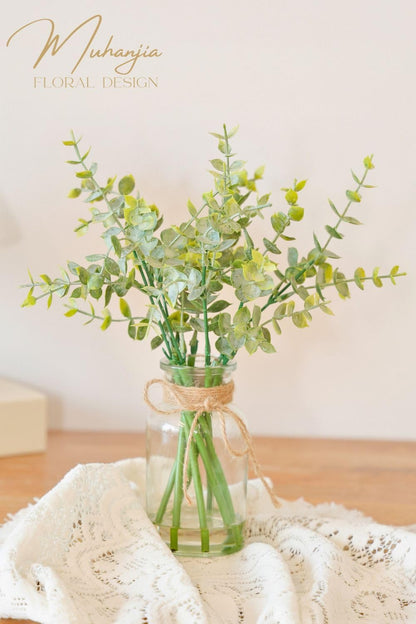 Artificial Eucalyptus Stems in Glass Vase with Faux Water,3Pcs Fake Plant with Double-Sided Green Leaves for Centerpiece(Double-Sided Green Eucalyptus)