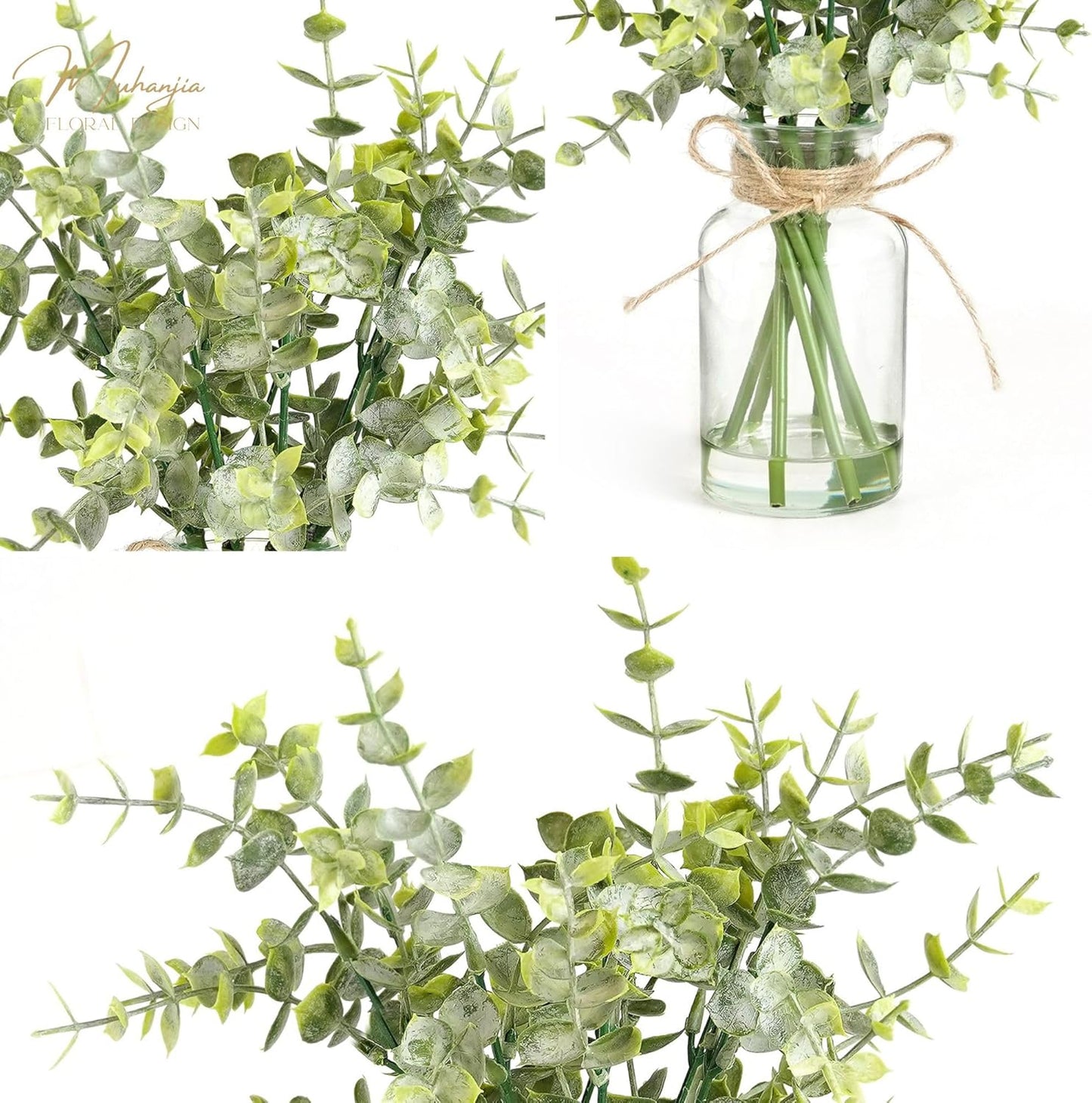 Artificial Eucalyptus Stems in Glass Vase with Faux Water,3Pcs Fake Plant with Double-Sided Green Leaves for Centerpiece(Double-Sided Green Eucalyptus)