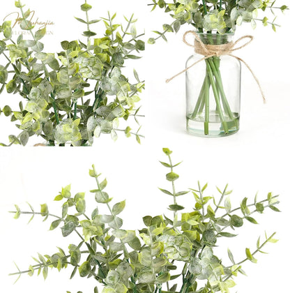 Artificial Eucalyptus Stems in Glass Vase with Faux Water,3Pcs Fake Plant with Double-Sided Green Leaves for Centerpiece(Double-Sided Green Eucalyptus)