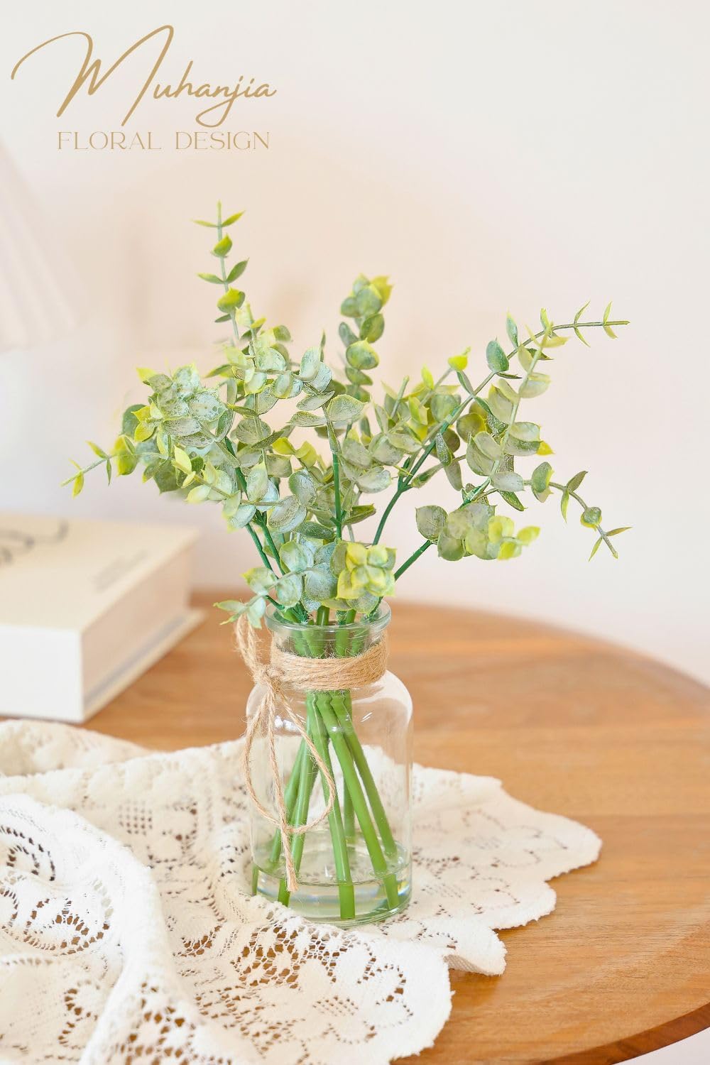 Artificial Eucalyptus Stems in Glass Vase with Faux Water,3Pcs Fake Plant with Double-Sided Green Leaves for Centerpiece(Double-Sided Green Eucalyptus)