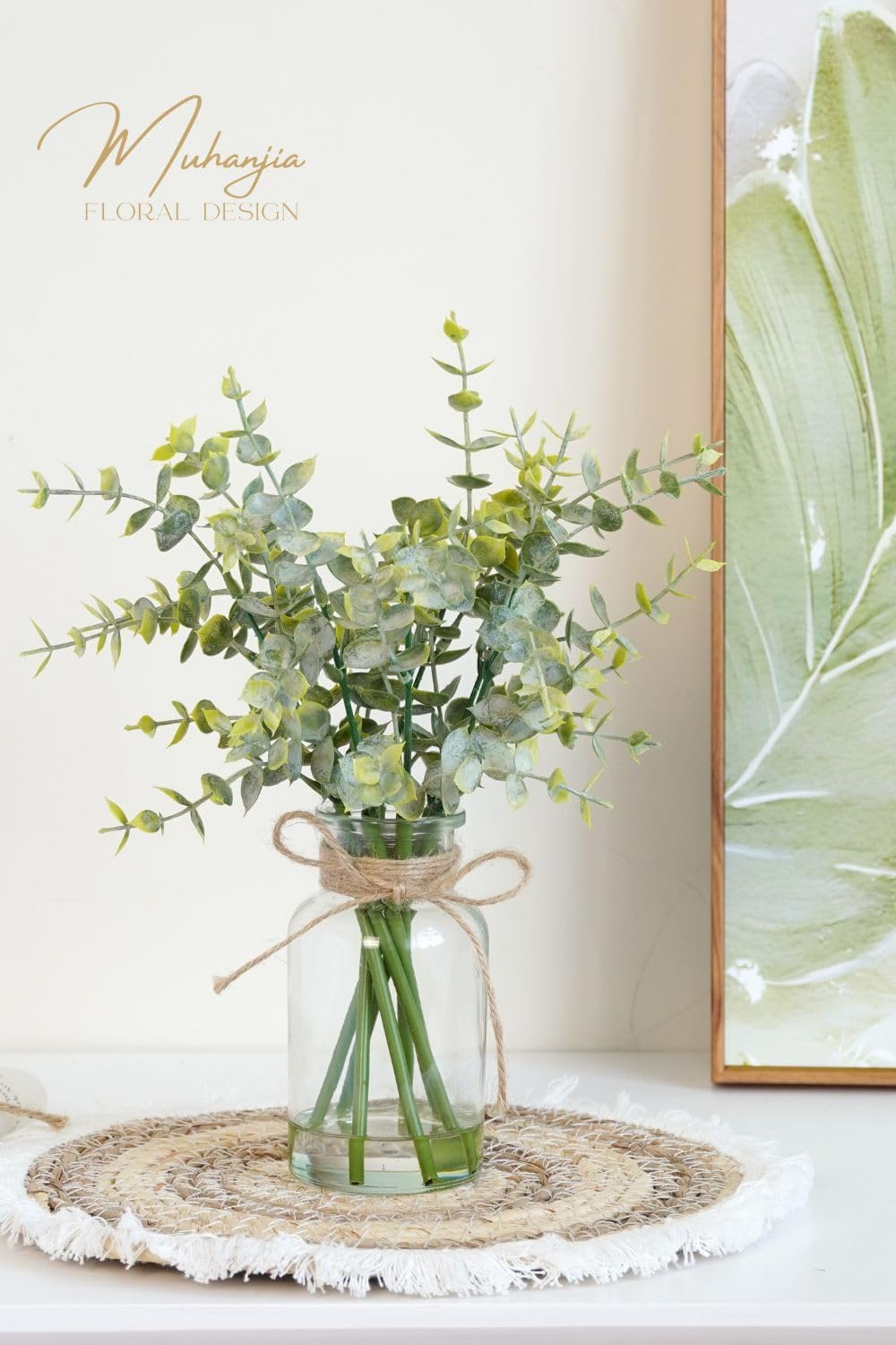 Artificial Eucalyptus Stems in Glass Vase with Faux Water,3Pcs Fake Plant with Double-Sided Green Leaves for Centerpiece(Double-Sided Green Eucalyptus)
