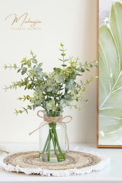Artificial Eucalyptus Stems in Glass Vase with Faux Water,3Pcs Fake Plant with Double-Sided Green Leaves for Centerpiece(Double-Sided Green Eucalyptus)