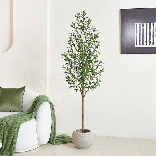6FT Artificial Olive Tree Indoor – Real Wood Trunk Tall Faux Olive Tree, Large Fake Potted Plant for Home Decor Living Room& Office Decor,VN245