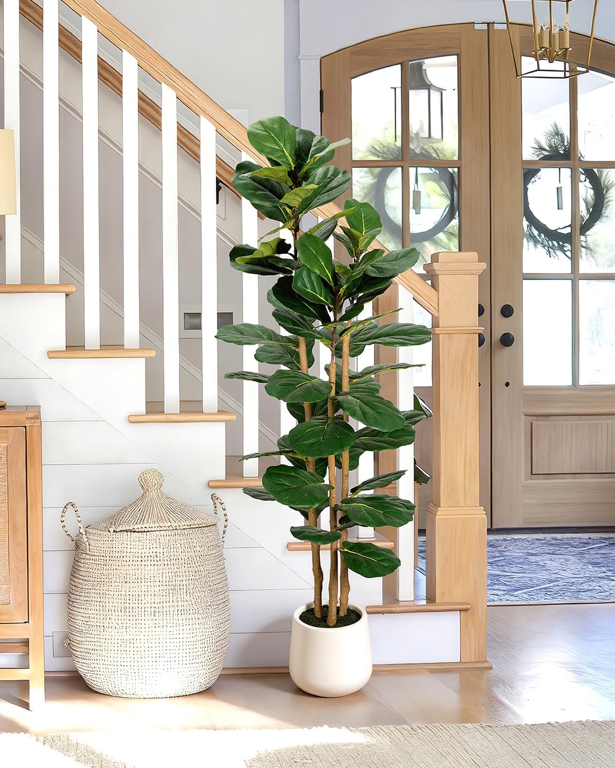 Artificial Fiddle Leaf Fig Tree in Modern White Planter, 5ft | Large Fake Tree with 3 Sturdy Trunks, Fake Plants with Moss, Lifelike Tall Artificial Plants Indoor for Office Home Decor