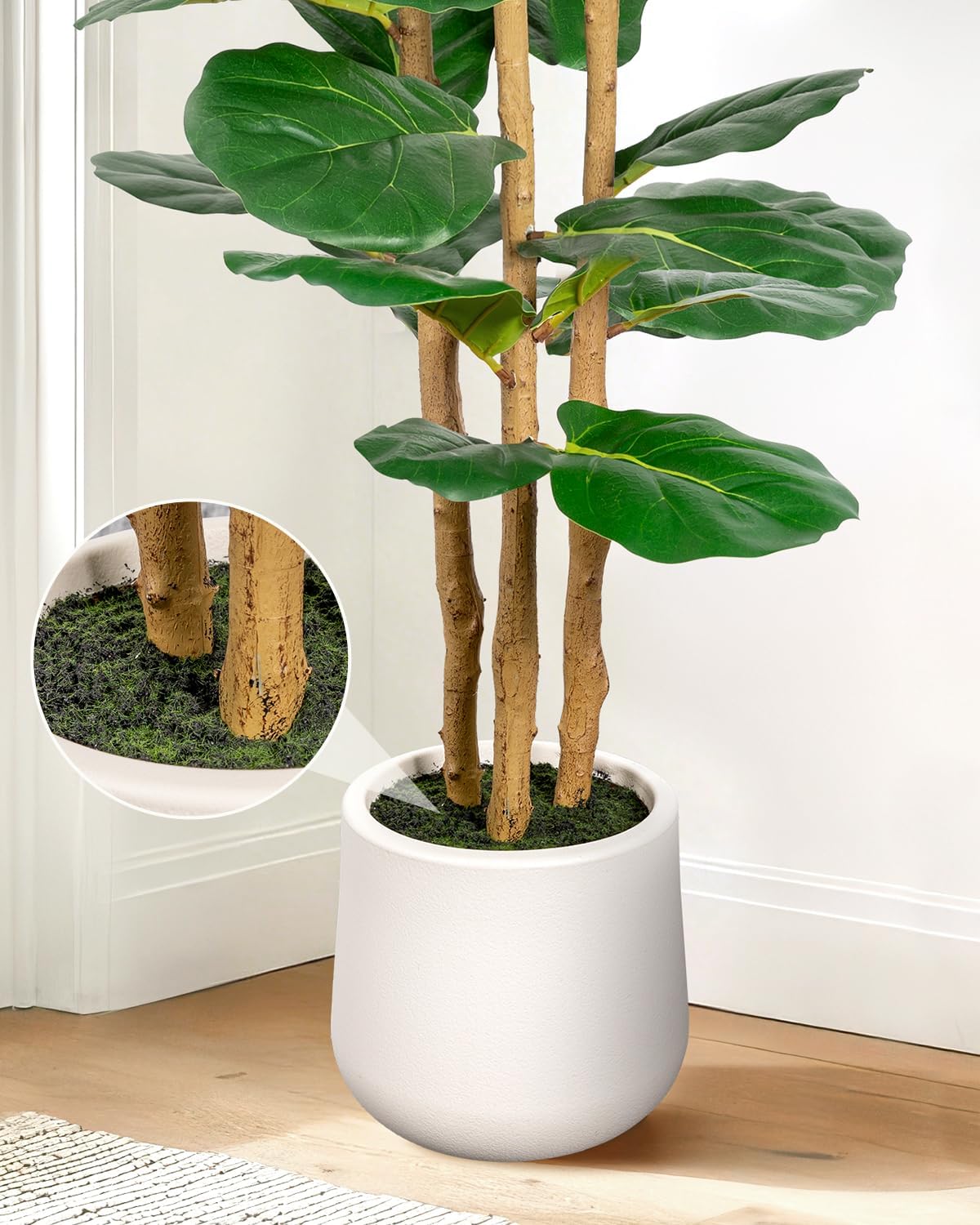 Artificial Fiddle Leaf Fig Tree in Modern White Planter, 5ft | Large Fake Tree with 3 Sturdy Trunks, Fake Plants with Moss, Lifelike Tall Artificial Plants Indoor for Office Home Decor