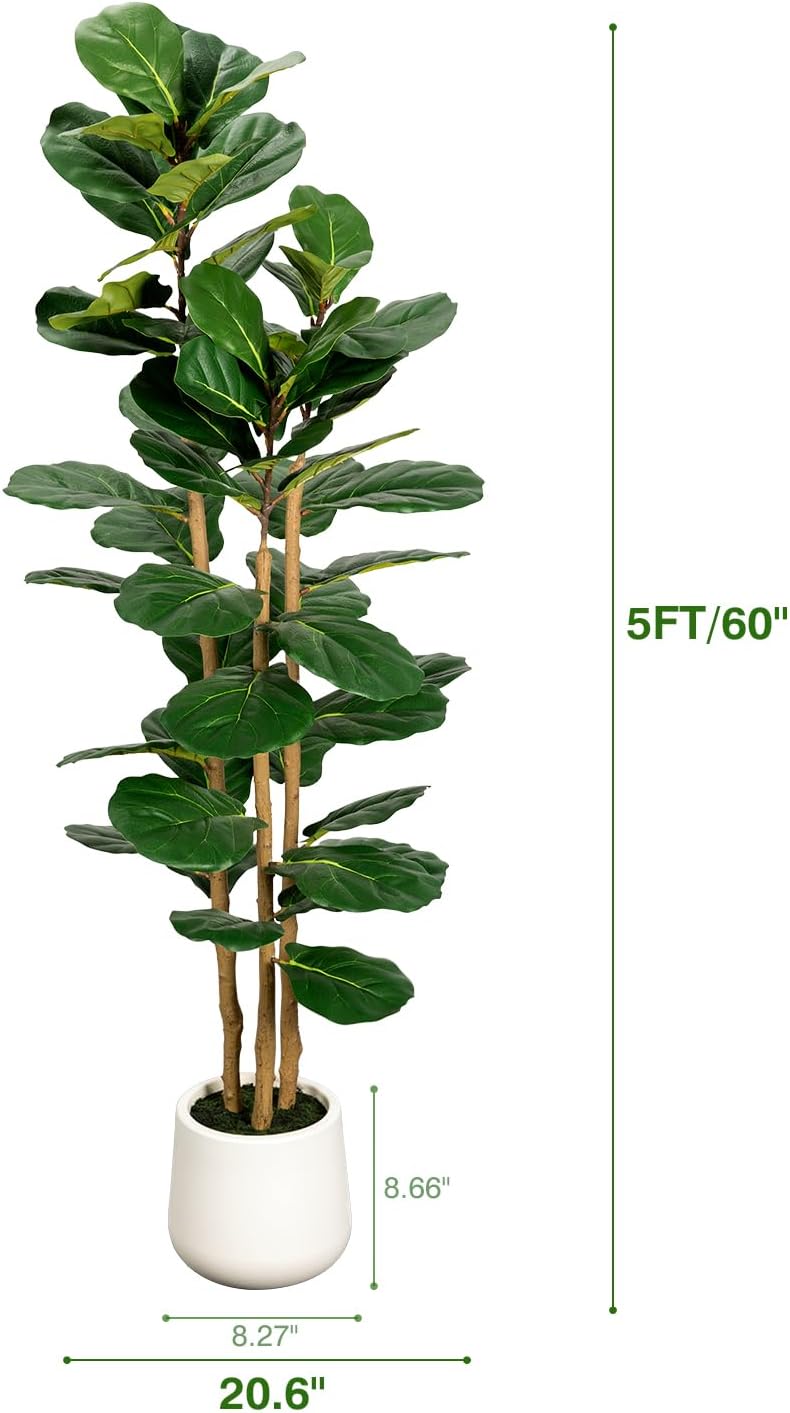 Artificial Fiddle Leaf Fig Tree in Modern White Planter, 5ft | Large Fake Tree with 3 Sturdy Trunks, Fake Plants with Moss, Lifelike Tall Artificial Plants Indoor for Office Home Decor