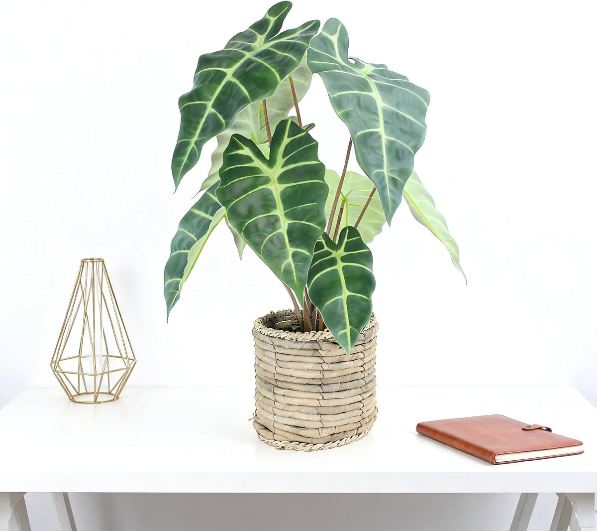 Artificial Alocasia Plant, 17-Inch Tropical Green Leaves in Natural Woven Basket (Green)