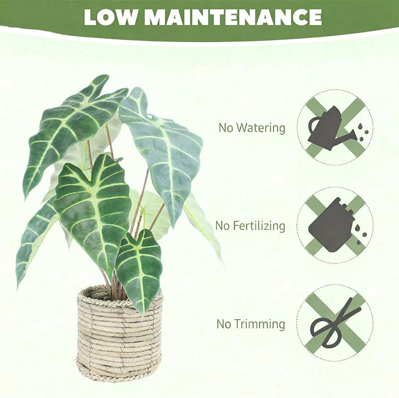 Artificial Alocasia Plant, 17-Inch Tropical Green Leaves in Natural Woven Basket (Green)