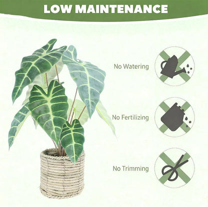 Artificial Alocasia Plant, 17-Inch Tropical Green Leaves in Natural Woven Basket (Green)