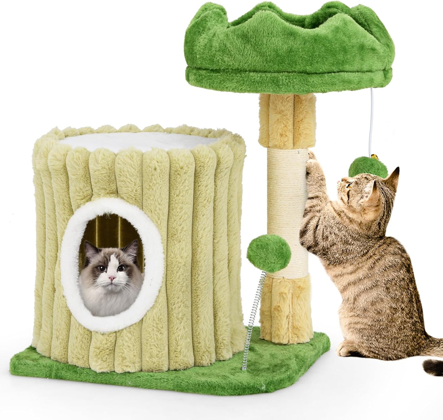 63 Inch Tall Cat Tree, Cute Green Cat Tower with 2 Condos, Plush Top Perch, 2 Basket Beds, Sisal Scratching Posts, 2 Dangling Balls, Slide Platform, Large Aesthetic Cat Tree for Indoor Cats