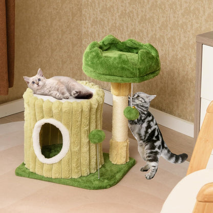63 Inch Tall Cat Tree, Cute Green Cat Tower with 2 Condos, Plush Top Perch, 2 Basket Beds, Sisal Scratching Posts, 2 Dangling Balls, Slide Platform, Large Aesthetic Cat Tree for Indoor Cats