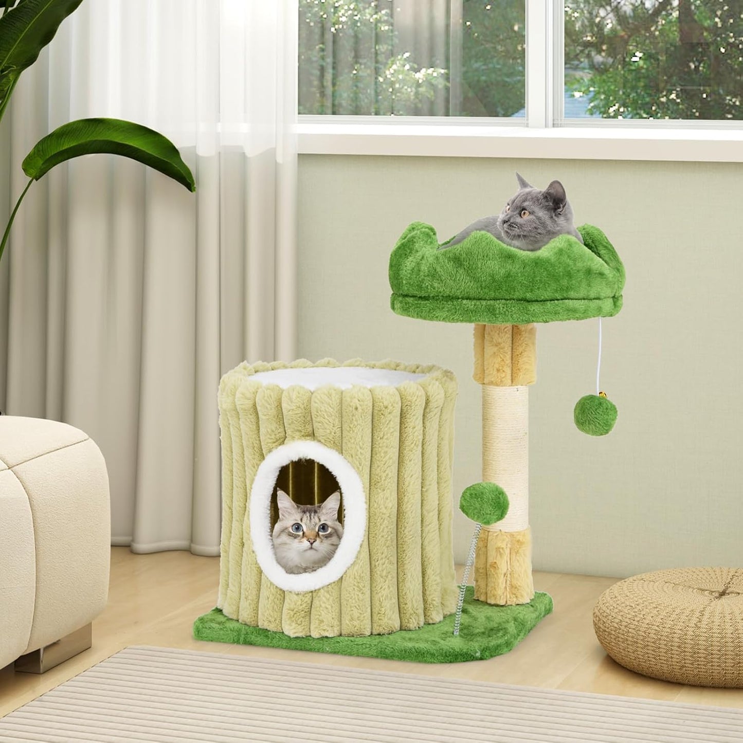 63 Inch Tall Cat Tree, Cute Green Cat Tower with 2 Condos, Plush Top Perch, 2 Basket Beds, Sisal Scratching Posts, 2 Dangling Balls, Slide Platform, Large Aesthetic Cat Tree for Indoor Cats