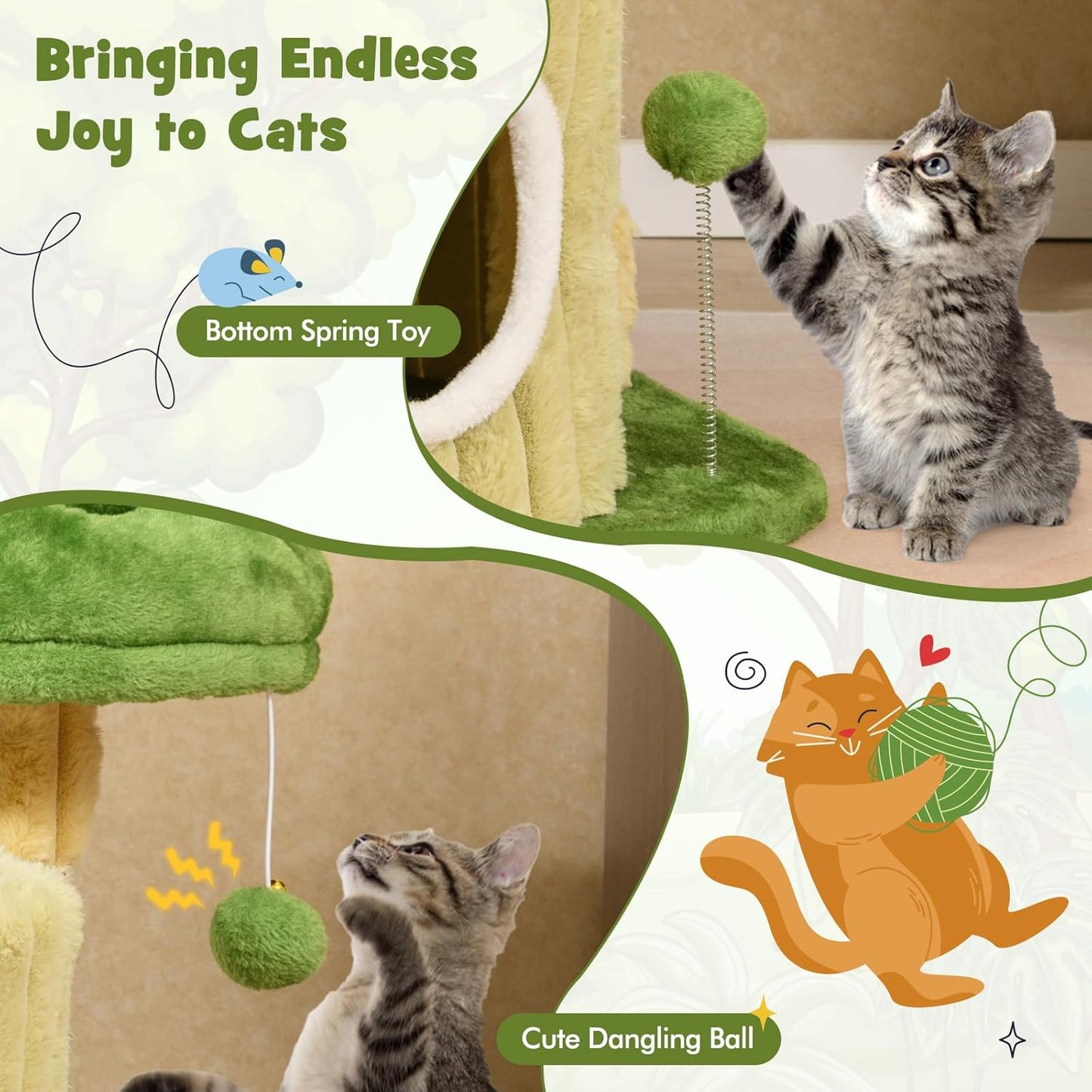 63 Inch Tall Cat Tree, Cute Green Cat Tower with 2 Condos, Plush Top Perch, 2 Basket Beds, Sisal Scratching Posts, 2 Dangling Balls, Slide Platform, Large Aesthetic Cat Tree for Indoor Cats