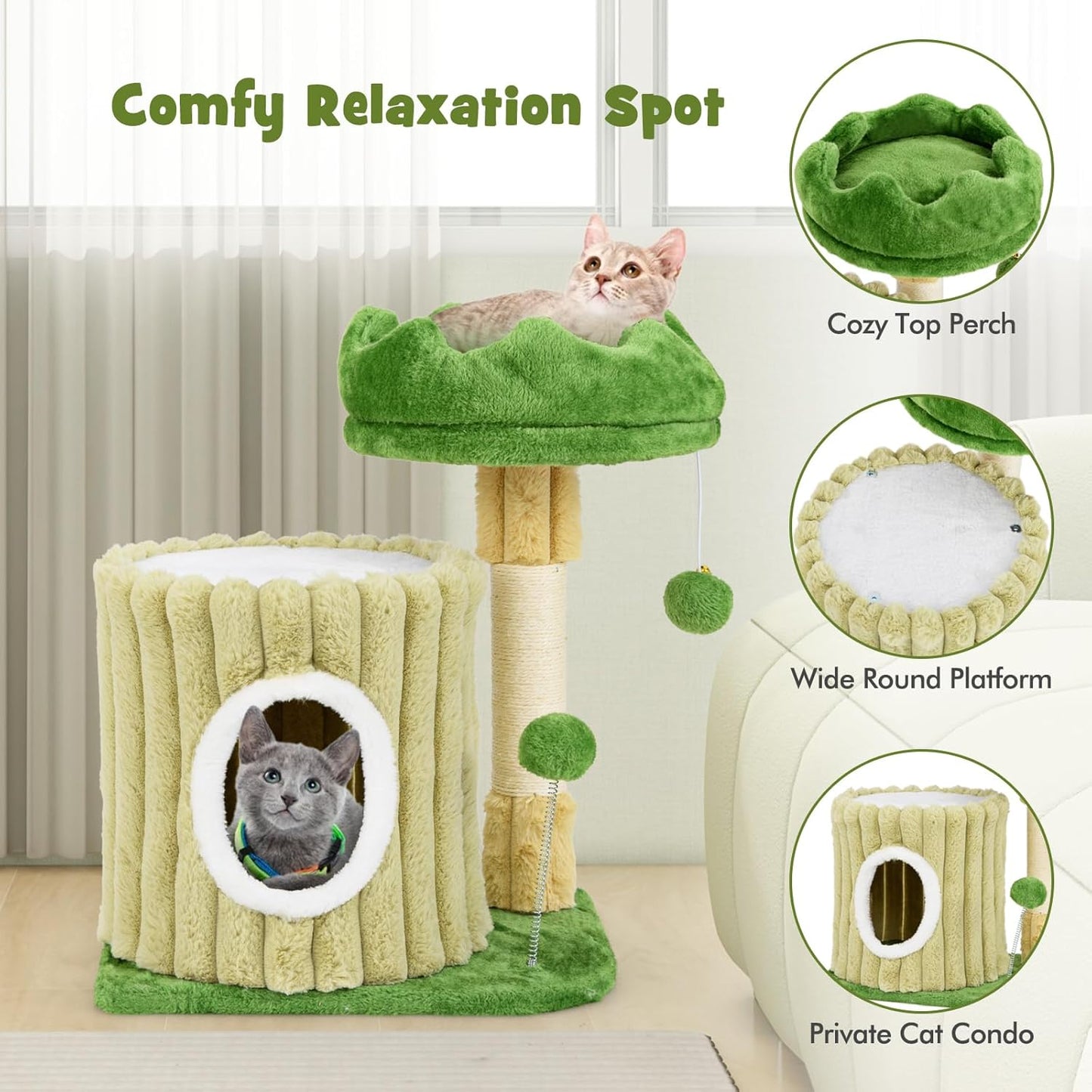 63 Inch Tall Cat Tree, Cute Green Cat Tower with 2 Condos, Plush Top Perch, 2 Basket Beds, Sisal Scratching Posts, 2 Dangling Balls, Slide Platform, Large Aesthetic Cat Tree for Indoor Cats