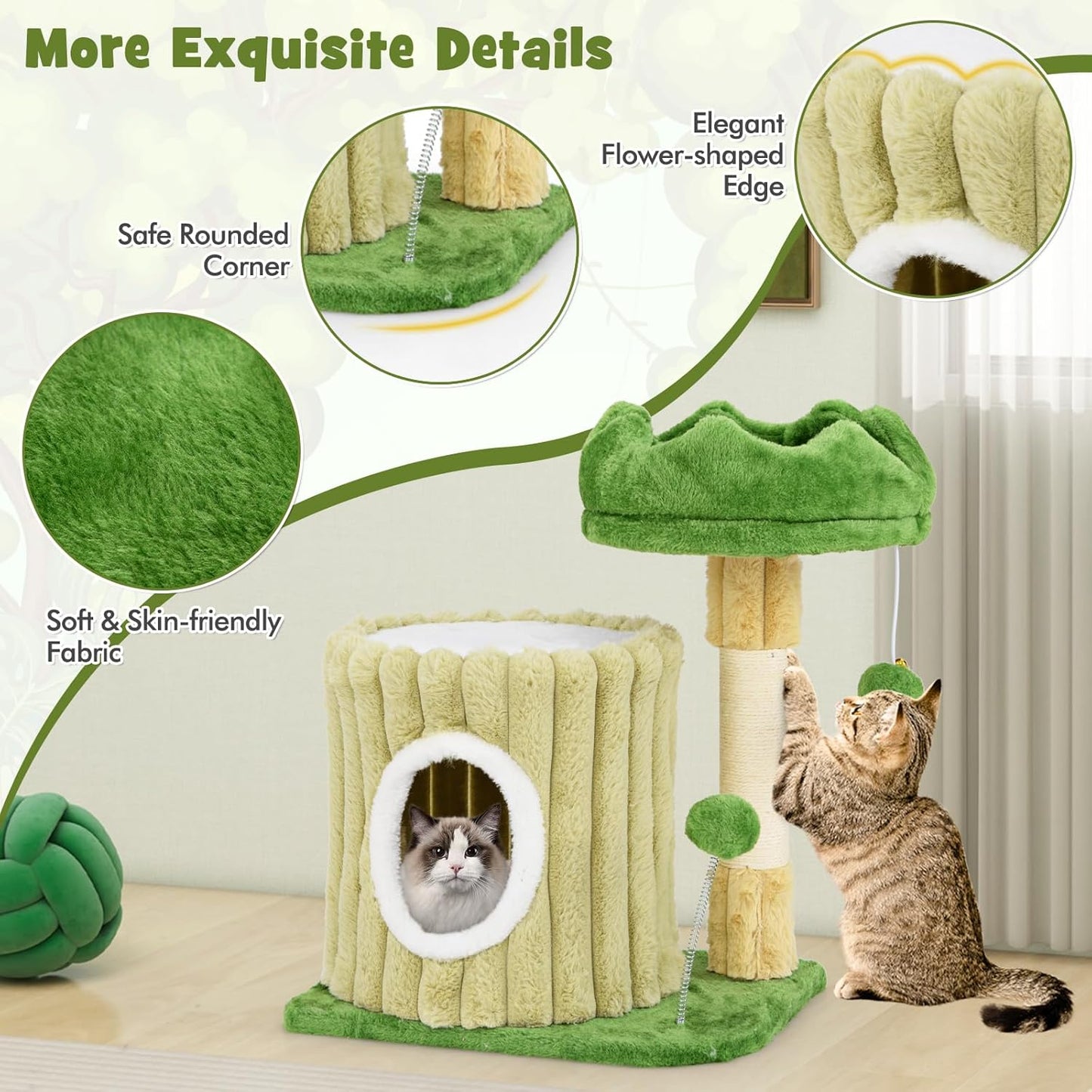 63 Inch Tall Cat Tree, Cute Green Cat Tower with 2 Condos, Plush Top Perch, 2 Basket Beds, Sisal Scratching Posts, 2 Dangling Balls, Slide Platform, Large Aesthetic Cat Tree for Indoor Cats