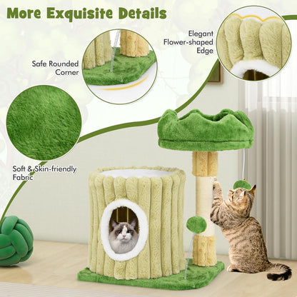 63 Inch Tall Cat Tree, Cute Green Cat Tower with 2 Condos, Plush Top Perch, 2 Basket Beds, Sisal Scratching Posts, 2 Dangling Balls, Slide Platform, Large Aesthetic Cat Tree for Indoor Cats