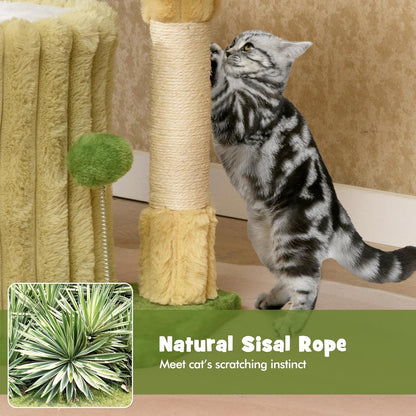 63 Inch Tall Cat Tree, Cute Green Cat Tower with 2 Condos, Plush Top Perch, 2 Basket Beds, Sisal Scratching Posts, 2 Dangling Balls, Slide Platform, Large Aesthetic Cat Tree for Indoor Cats