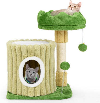 63 Inch Tall Cat Tree, Cute Green Cat Tower with 2 Condos, Plush Top Perch, 2 Basket Beds, Sisal Scratching Posts, 2 Dangling Balls, Slide Platform, Large Aesthetic Cat Tree for Indoor Cats