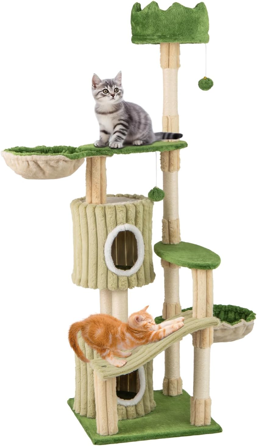 63 Inch Tall Cat Tree, Cute Green Cat Tower with 2 Condos, Plush Top Perch, 2 Basket Beds, Sisal Scratching Posts, 2 Dangling Balls, Slide Platform, Large Aesthetic Cat Tree for Indoor Cats